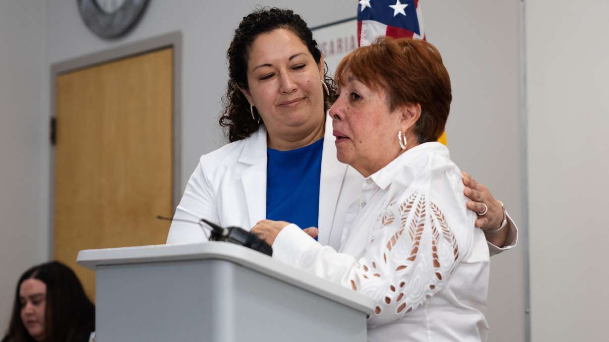 Suazo Business Center founder Gladys Gonzalez, right, who put a focus on helping Latino immigrants, has died. She's pictured June 8, 2023, at Suazo's Salt Lake City offices with Silvia Castro Bennett, president and chief executive officer of the group.