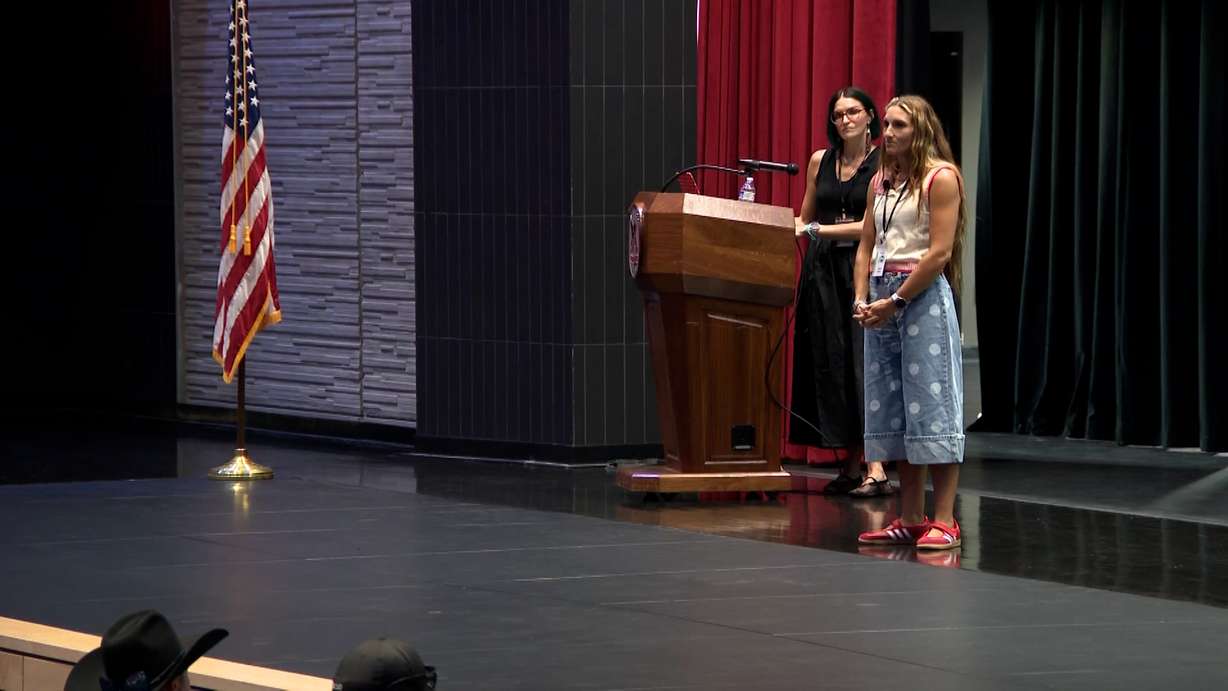Laura Hall and Sarah Bush, sisters who survived the 1999 Columbine High School shooting, are pictured on Tuesday.