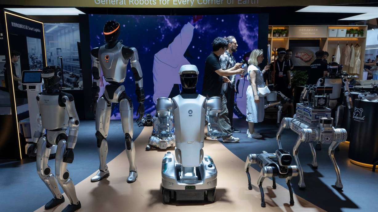 A variety of robots are displayed at the World AI Conference in Shanghai, July 17. The Federal Communications Commission on Wednesday banned humanoid robots, citing national security concerns, a move that targets mainly China.