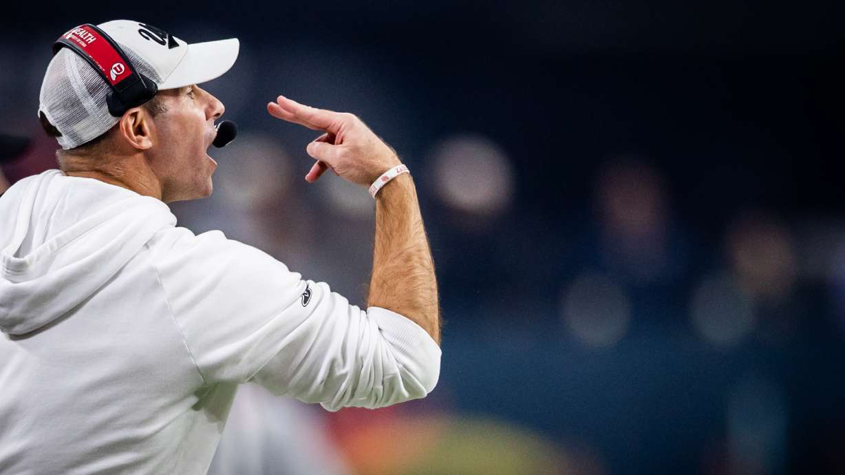 Utah Utes head coach Morgan Scalley coaches during the Las Vegas Bowl against the Nebraska Cornhuskers at Allegiant Stadium in Las Vegas on Wednesday, Dec. 31, 2025.