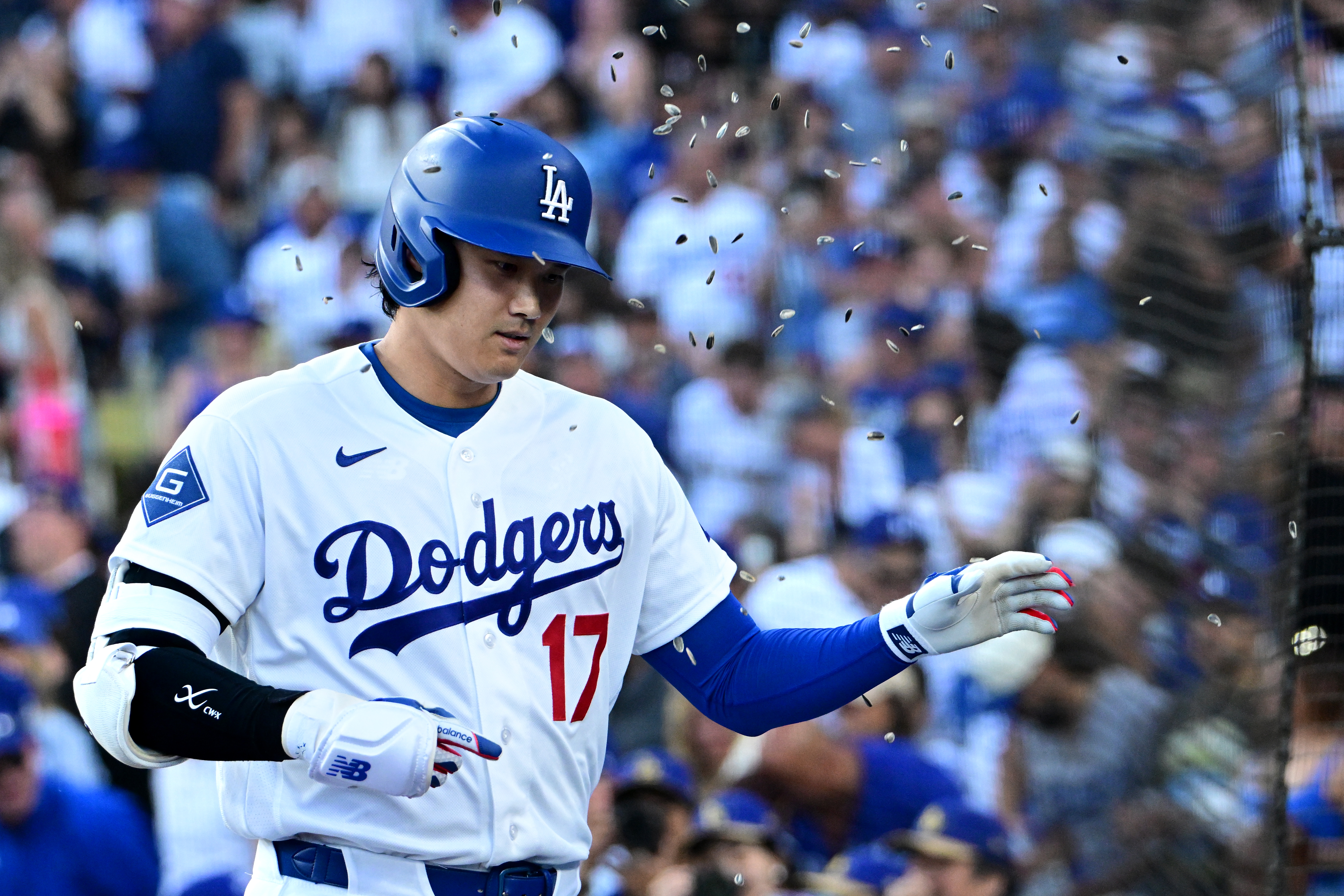 Los Angeles Dodgers Shohei Ohtani (17) celebrates his solo home run against the Seattle Mariners during the first inning of a baseball game Tuesday, July 28 2026, in Los Angeles. 