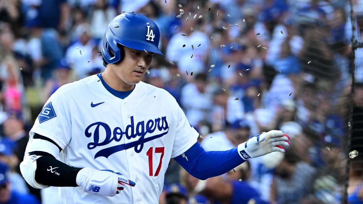 Los Angeles Dodgers Shohei Ohtani (17) celebrates his solo home run against the Seattle Mariners during the first inning of a baseball game Tuesday, July 28 2026, in Los Angeles.