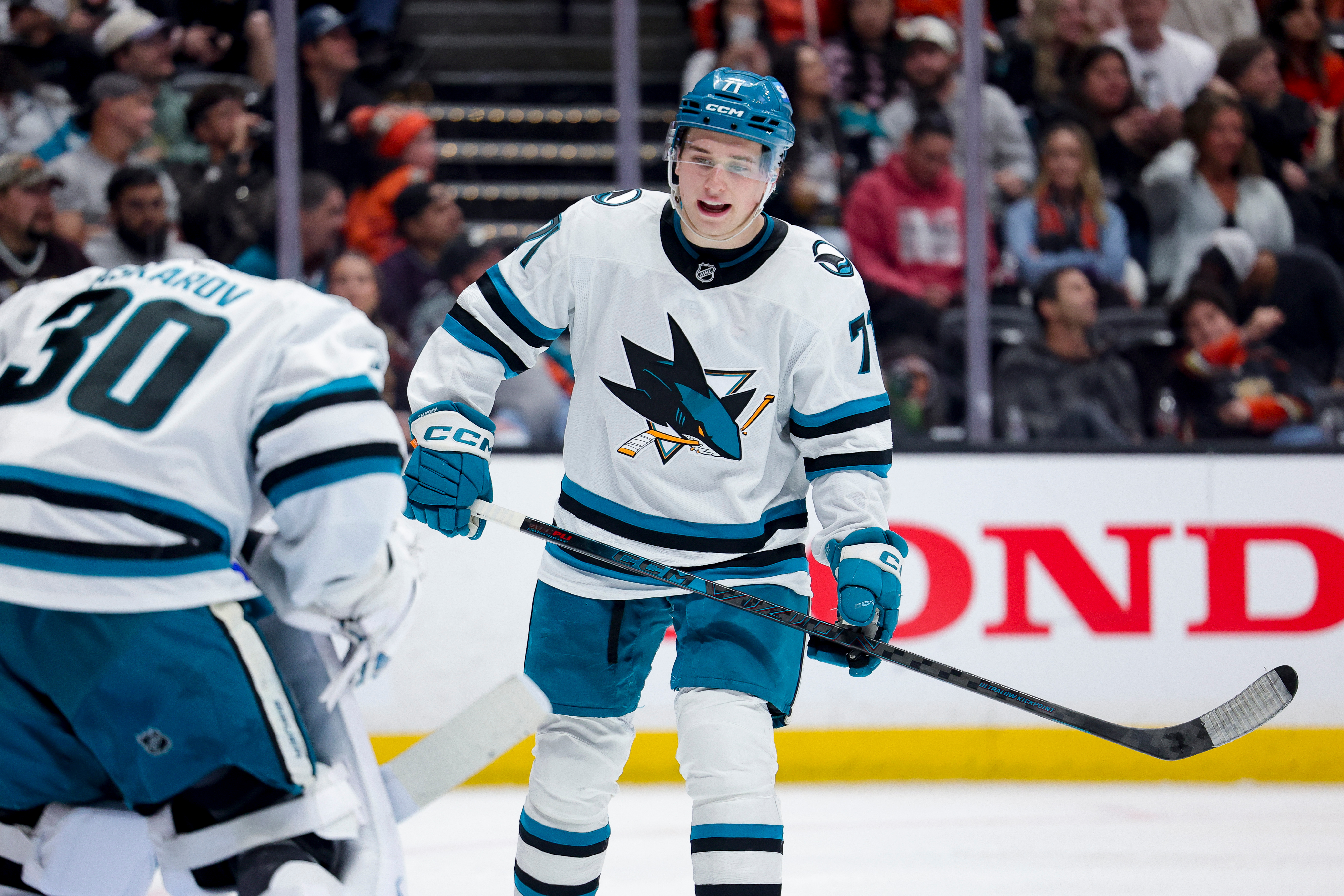FILE - San Jose Sharks center Macklin Celebrini, right, talks with goaltender Yaroslav Askarov during the third period of an NHL hockey game against the Anaheim Ducks, April 9, 2026, in Anaheim, Calif. 