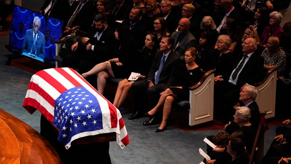The casket of the late Sen. Lindsey Graham, R-S.C., sits at the front of First Baptist Church in Columbia, S.C., during a funeral service, Wednesday. Graham was eulogized in Washington on Tuesday before the local service on Wednesday.