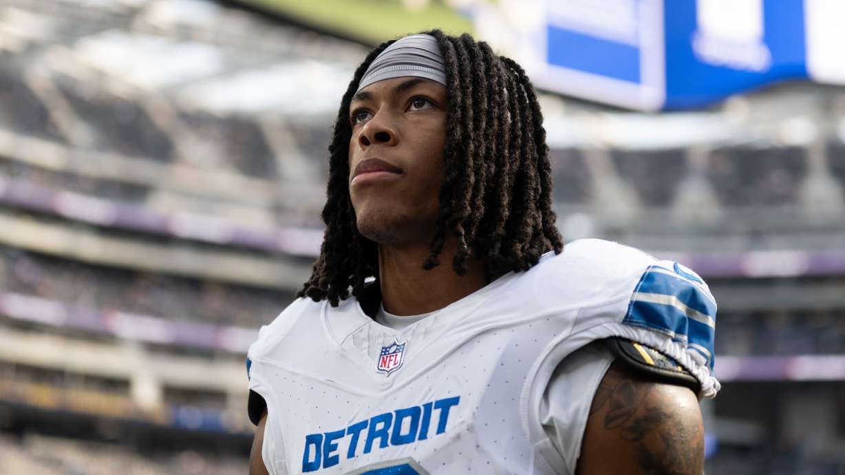 FILE - Detroit Lions running back Jahmyr Gibbs (0) walks back to the locker room before an NFL football game against the Los Angeles Rams, Dec. 14, 2025, in Inglewood, Calif.