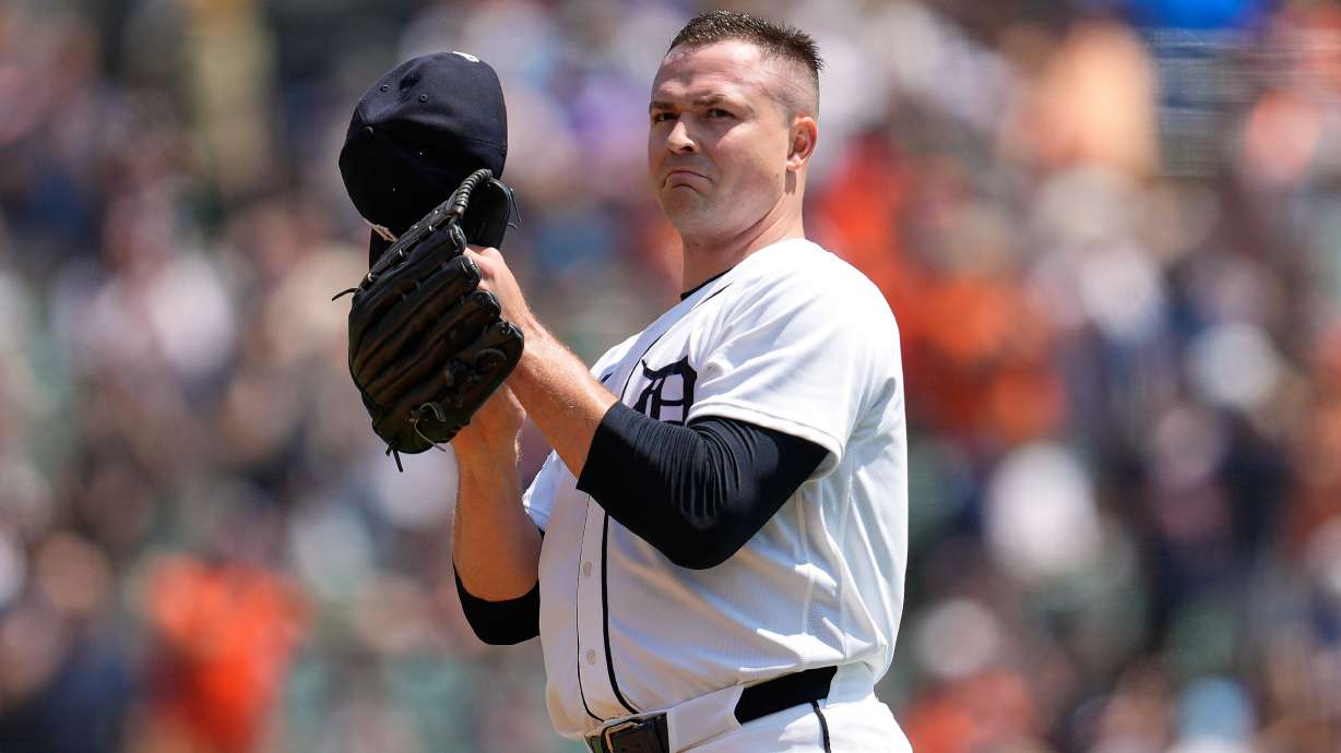 Detroit Tigers pitcher Tarik Skubal tips his hat after his 1,000th career strikeout during the first inning of a baseball game against the Baltimore Orioles Wednesday, July 29, 2026, in Detroit.