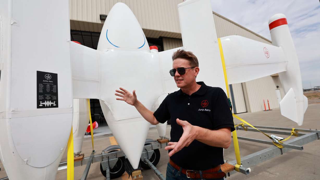 Carl Dietrich, Jump Aero founder and CEO, shows the Jump Aero Pulse at South Valley Regional Airport in West Jordan on Wednesday. It is an electric vertical takeoff and landing aircraft designed to support rapid-response emergency services.