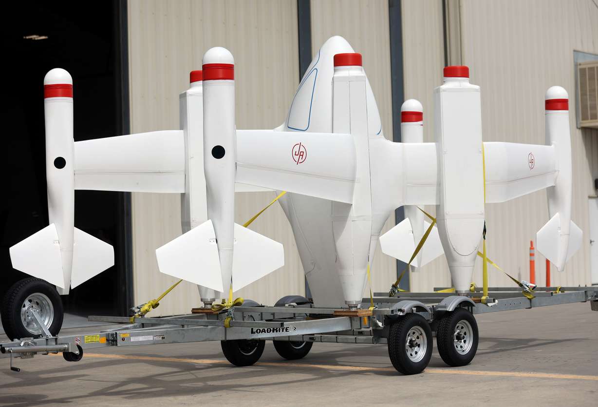 The Jump Aero Pulse aircraft is on display at South Valley Regional Airport in West Jordan on Wednesday. It is an electric vertical takeoff and landing aircraft designed to help with rapid-response emergency services.
