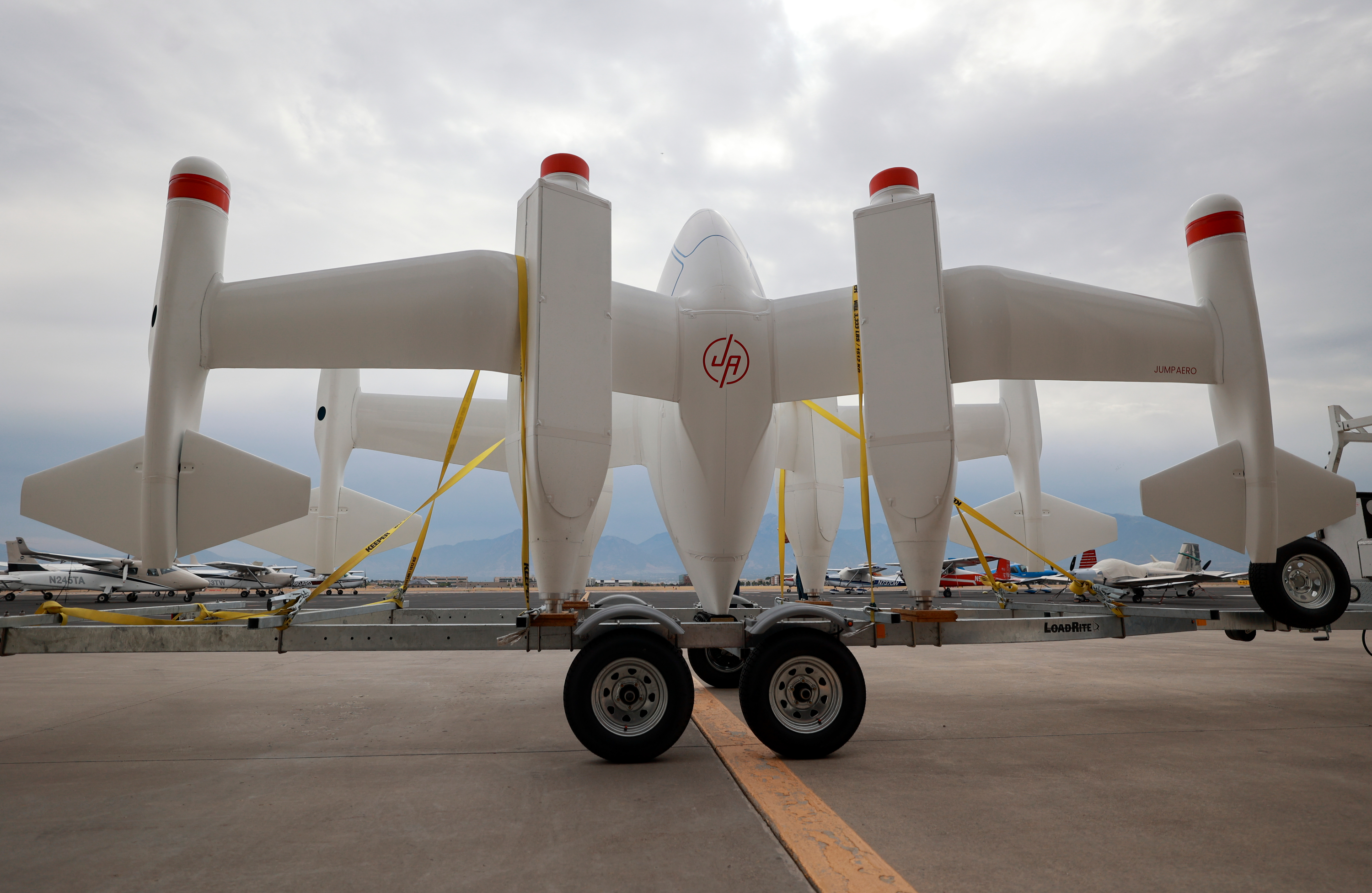 The Jump Aero Pulse aircraft is on display at South Valley Regional Airport in West Jordan on Wednesday. It is an electric vertical takeoff and landing aircraft designed to help with rapid-response emergency services.