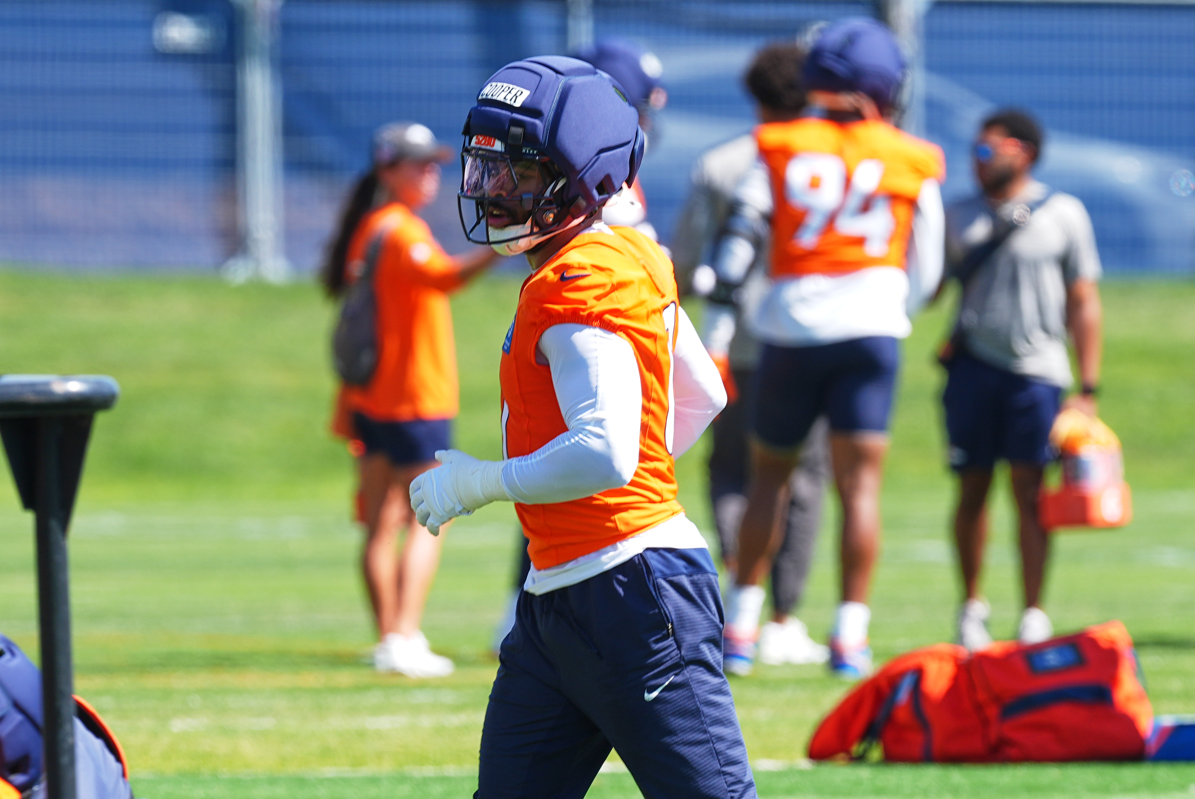 Denver Broncos linebacker Jonathon Cooper takes part in drills during a practice at the team's NFL football training camp, Wednesday, July 29, 2026, in Centennial, Colo. 