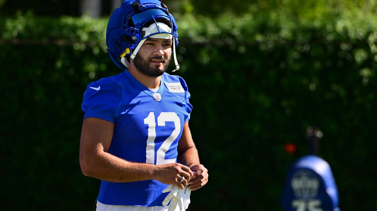 Los Angeles Rams wide receiver Puca Nacua takes the field during an NFL football training camp Monday, July 27, 2026, in Los Angeles.