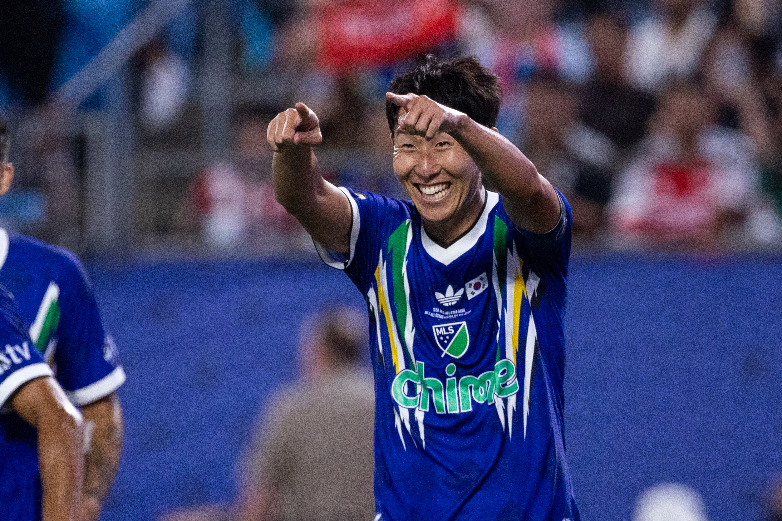 MLS All-Star Son Heung-min (7) celebrates after scoring during the MLS All-Star soccer game Wednesday, July 29, 2026, in Charlotte, N.C. 