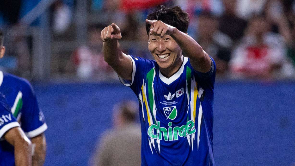 MLS All-Star Son Heung-min (7) celebrates after scoring during the MLS All-Star soccer game Wednesday, July 29, 2026, in Charlotte, N.C.
