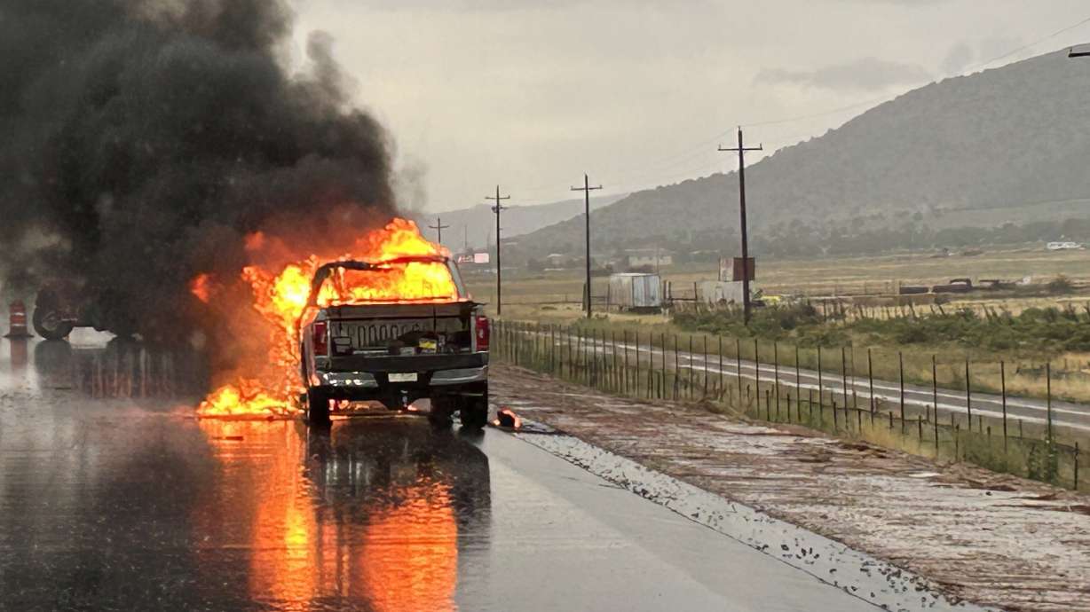 Truck fire near Cedar City Wednesday. The driver said it was started by a lightning strike.