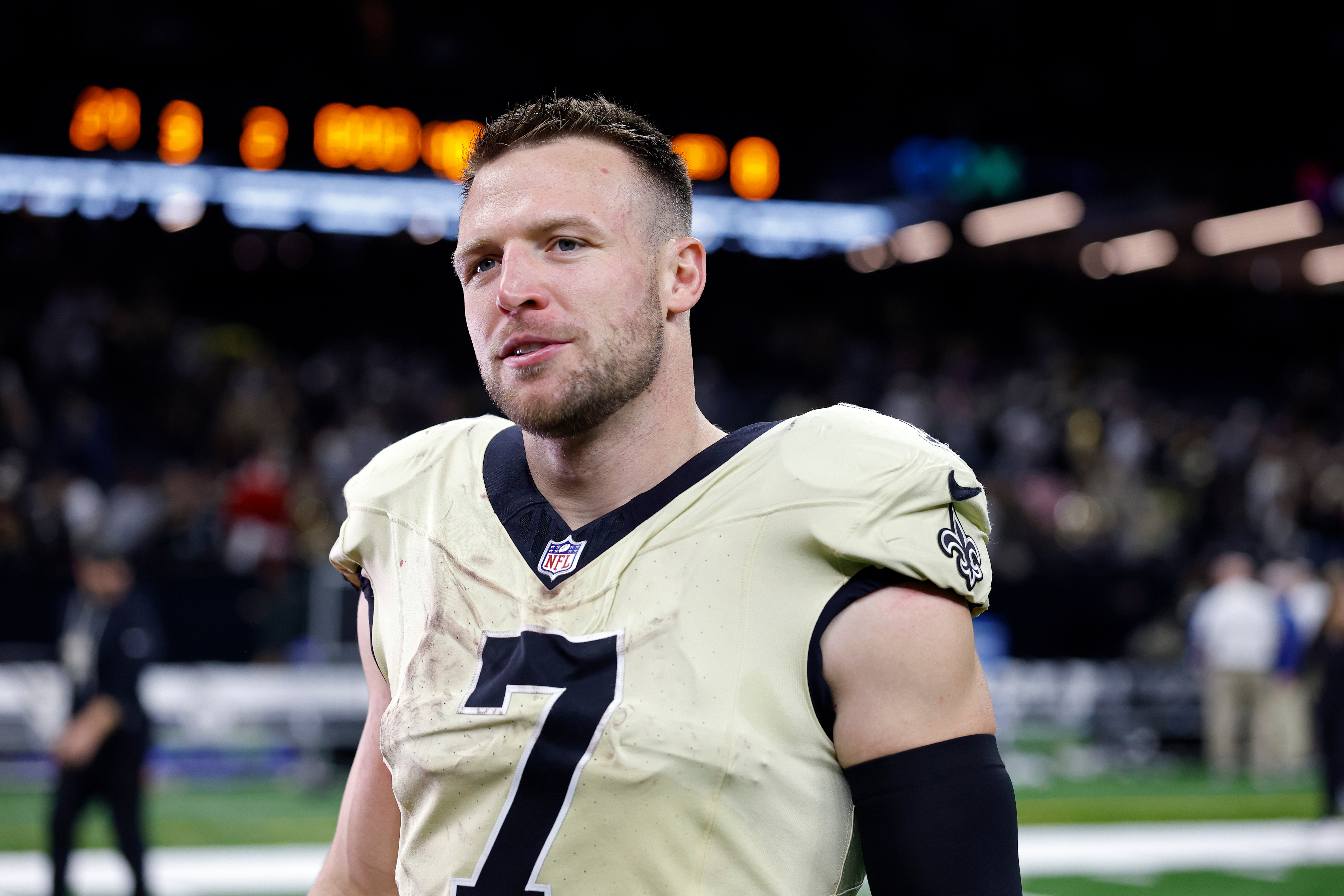 FILE - New Orleans Saints quarterback Taysom Hill (7) reacts after an NFL football game against the New York Jets, Sunday, Dec. 21, 2025, in New Orleans. 