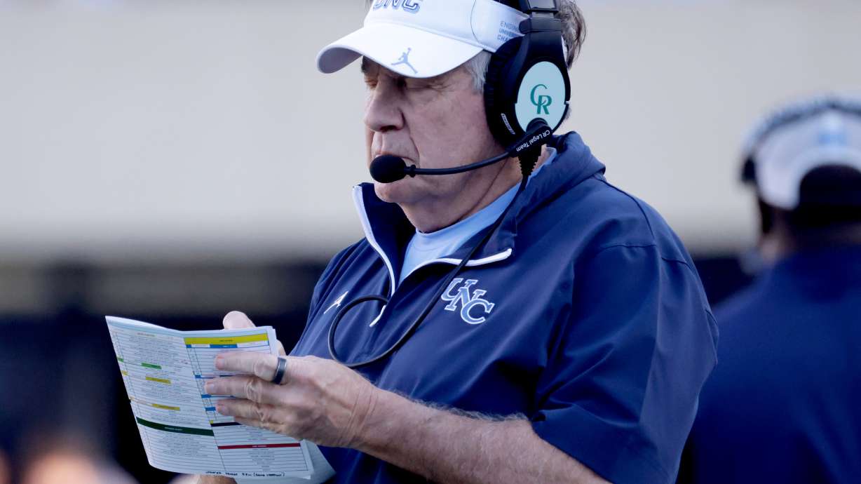 FILE - North Carolina head coach Bill Belichick on the sidelines during the first half of an NCAA college football game against Duke, Saturday, Nov. 22, 2025, in Chapel Hill, N.C.