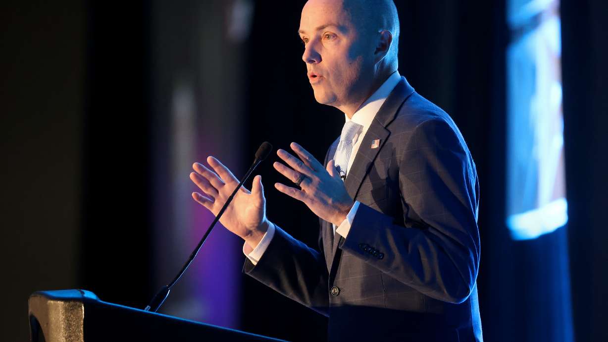 Gov. Spencer Cox at the 2025 Utah AI Summit at the Salt Palace Convention Center in Salt Lake City on Dec. 2, 2025. Cox on Thursday launched a $5 million grant program to fund artificial intelligence research that improves the lives of Utahns.