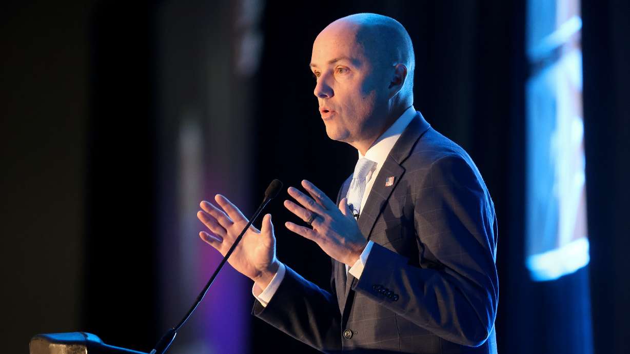 Gov. Spencer Cox at the 2025 Utah AI Summit at the Salt Palace Convention Center in Salt Lake City on Dec. 2, 2025. Cox on Thursday launched a $5 million grant program to fund artificial intelligence research that improves the lives of Utahns.