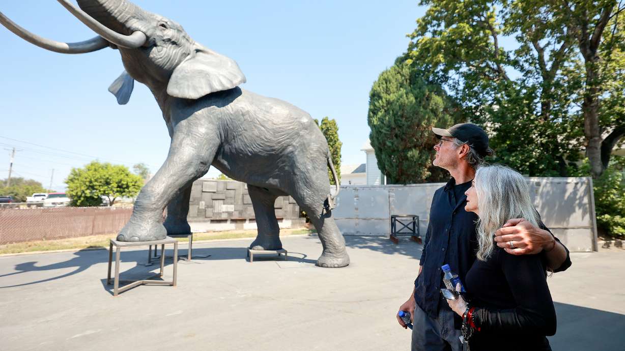Co-creators Matthew Gray Palmer and Ann Holbrook embrace while pausing to look at Yumi, their roughly 18,000-pound bronze elephant that is seven years in the making, at Metal Art Foundry in Lehi on Thursday. Yumi will be moved to California State University, Fullerton.