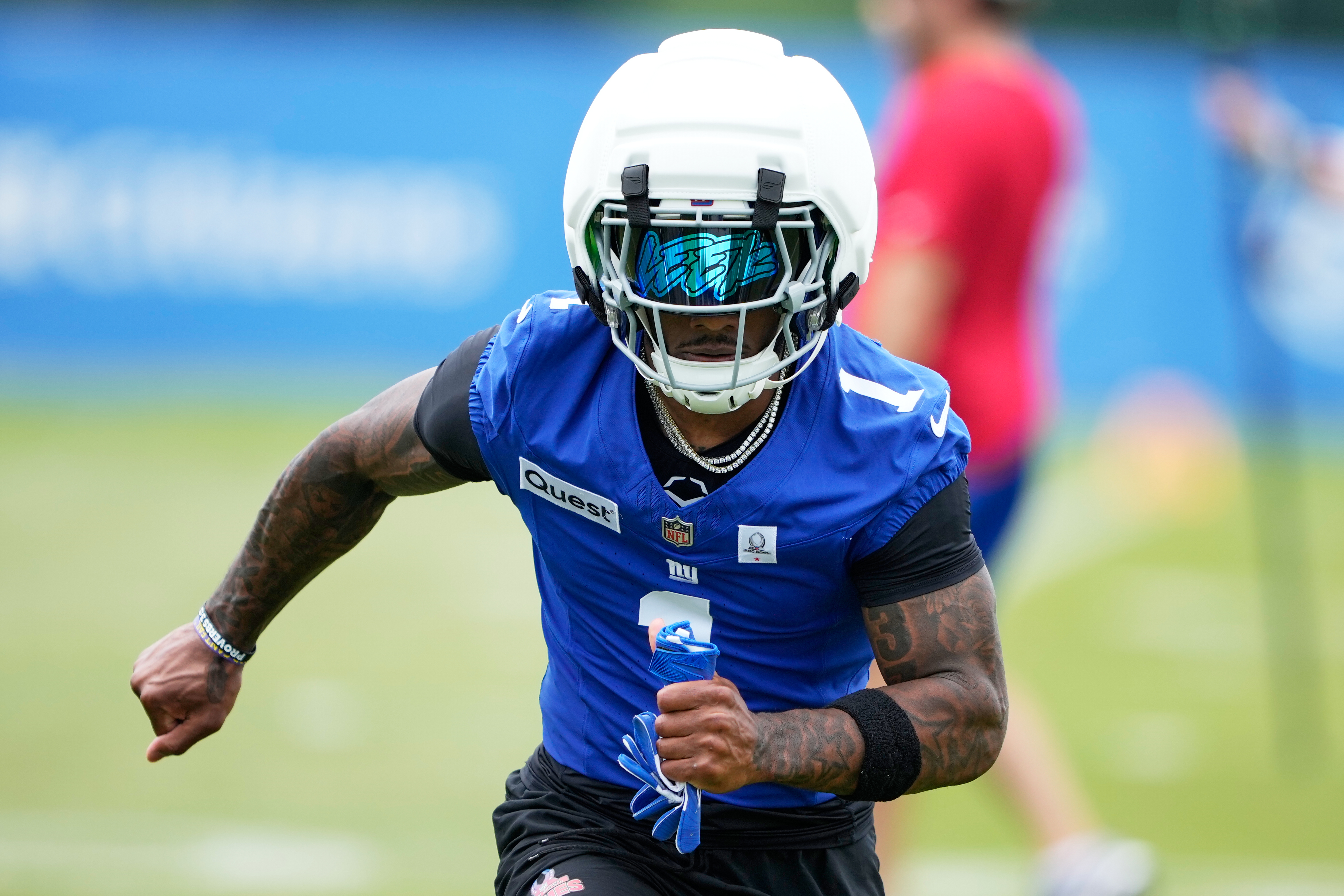 New York Giants wide receiver Malik Nabers practices during an NFL football training camp, Wednesday, July 29, 2026, in White Sulphur Springs, W.Va. 