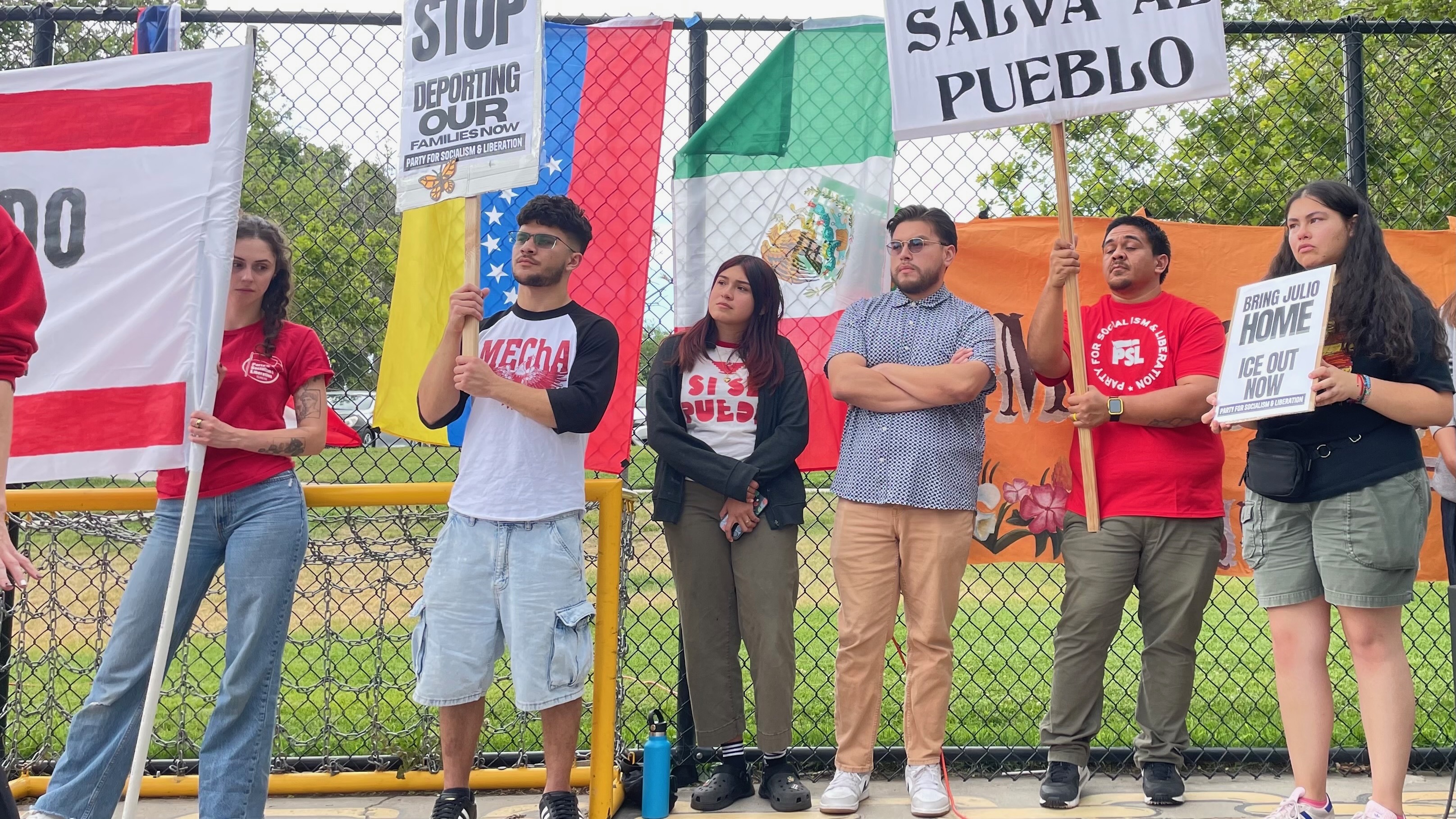 Long-time Salt Lake resident Julio Irungaray Sr. has been deported to Mexico despite the outcries of family and friends. His children Chantal, third from the left, and Julio Jr., third from the right, are pictured at a June 26 press conference at Sherwood Park in Salt Lake City.