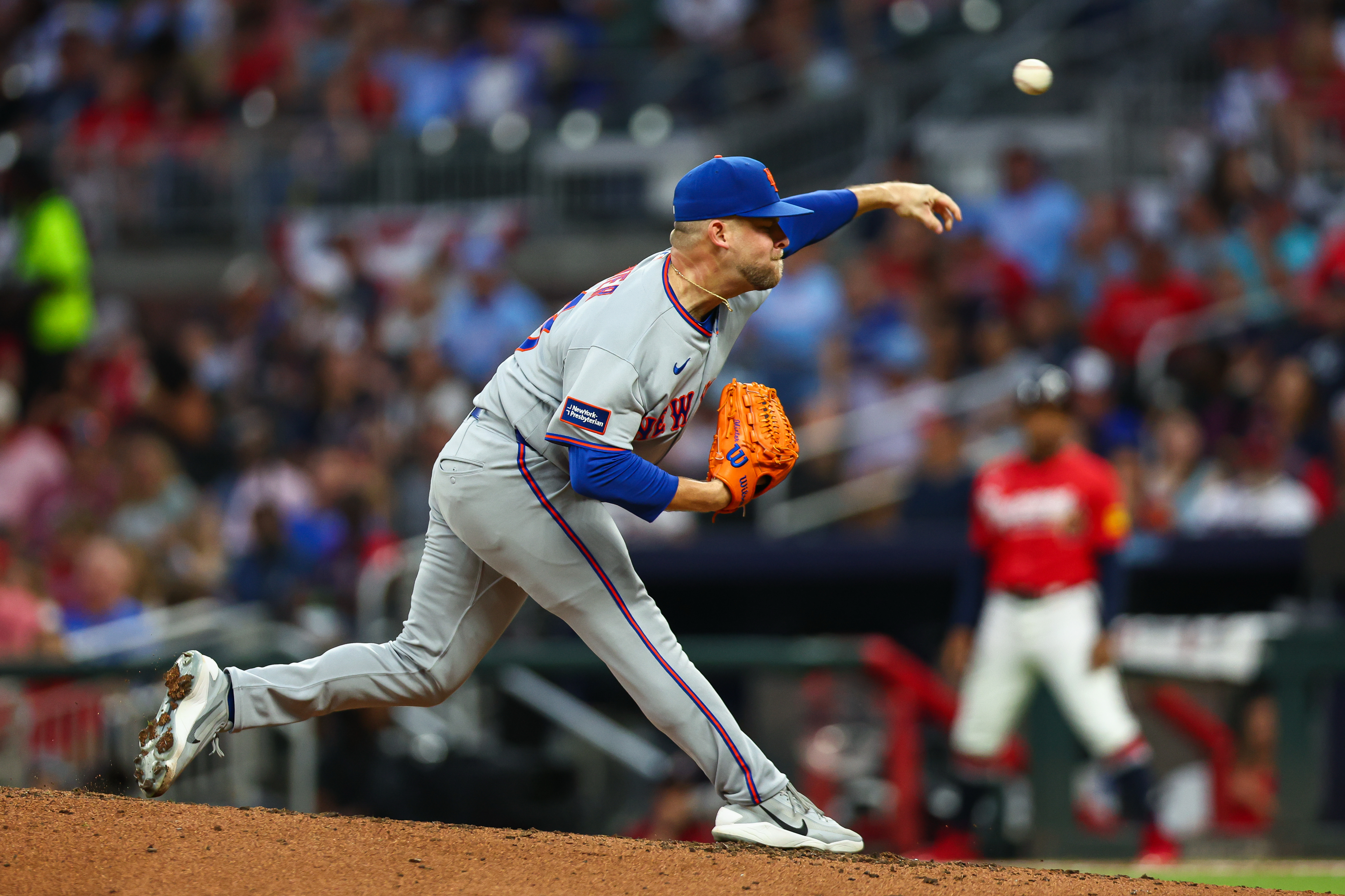 New York Mets pitcher A.J. Minter delivers in the fifth inning of a baseball game against the Atlanta Braves, Friday, July 3, 2026, in Atlanta. 