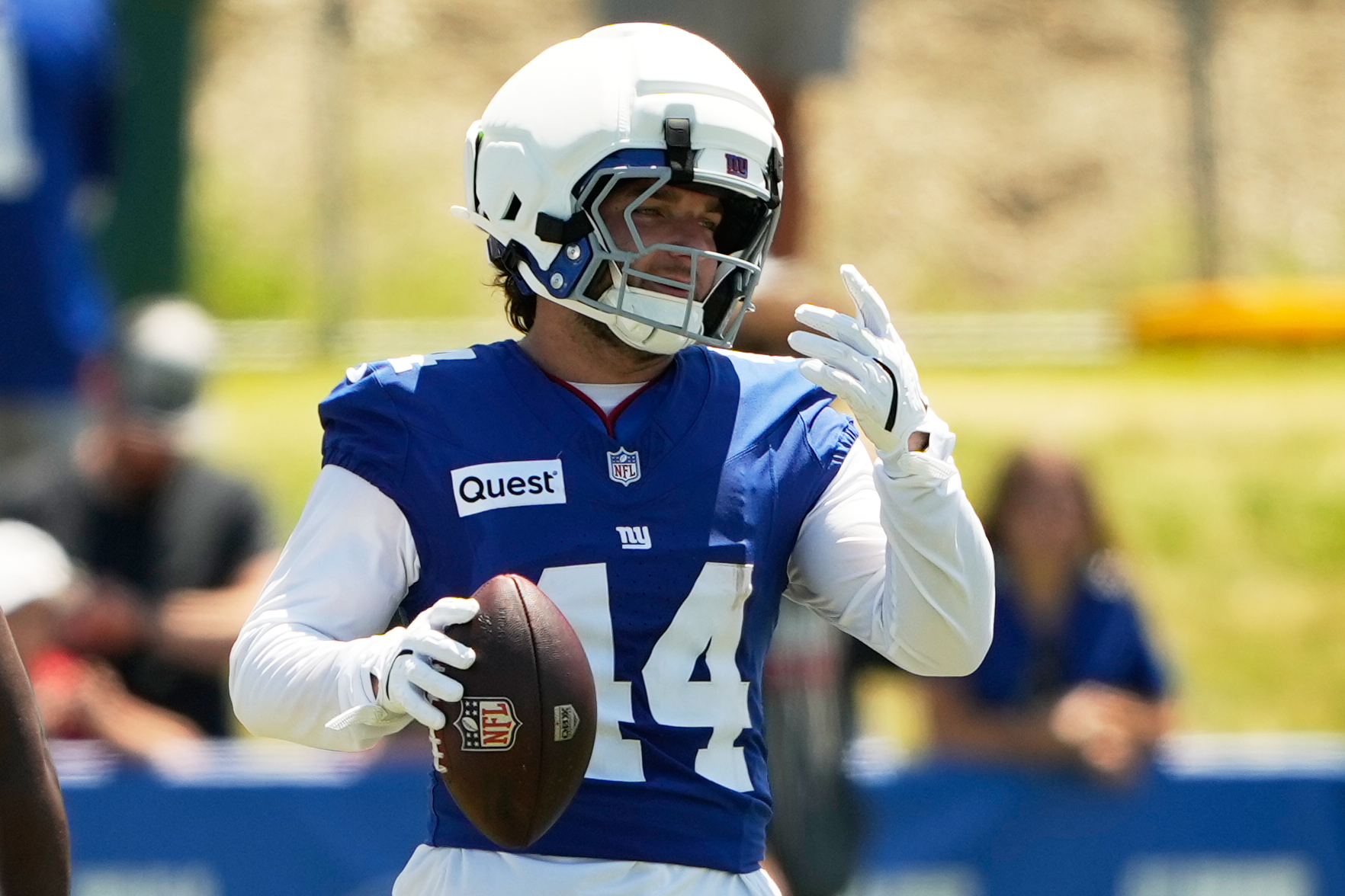 New York Giants running back Cam Skattebo practices during an NFL football training camp, Friday, July 31, 2026, in White Sulphur Springs, W.Va. 