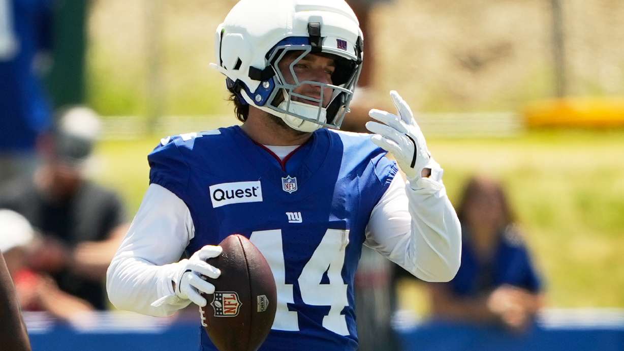 New York Giants running back Cam Skattebo practices during an NFL football training camp, Friday, July 31, 2026, in White Sulphur Springs, W.Va.