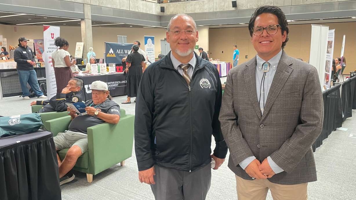 Utah tribal leaders brought up water and economic development as concerns at a summit at Utah Valley University in Orem. Pictured at the event Friday are Dustin Jansen of the Utah Division of Indian Affairs and Justin Allison of Utah Valley University.