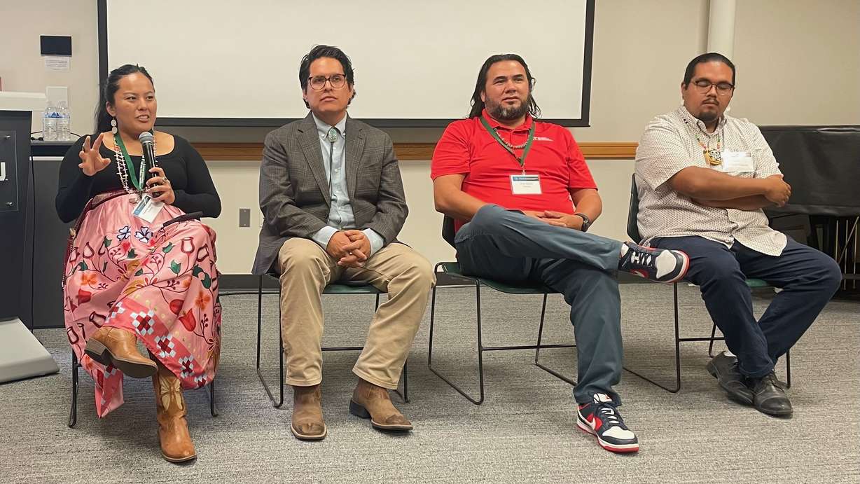 Faustine Saganey of Utah State University, left, speaks at the Native American Summit at Utah Valley University in Orem on Friday, July 31, 2026. She was speaking during a panel on higher education.
