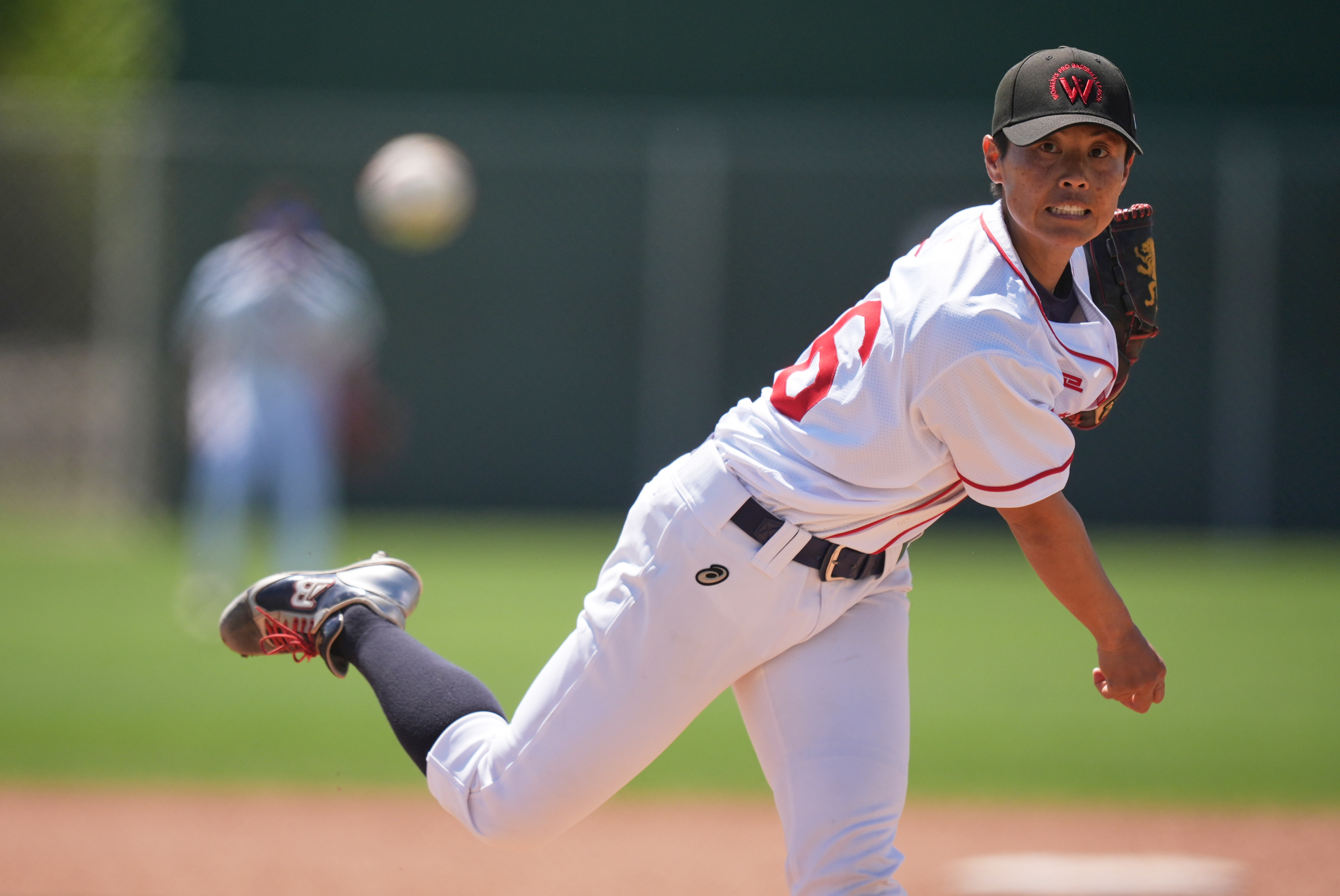 FILE - Ayami Sato pitches during a Women's Pro Baseball League exhibition game, Thursday, March 19, 2026, in Fort Myers, Fla. 