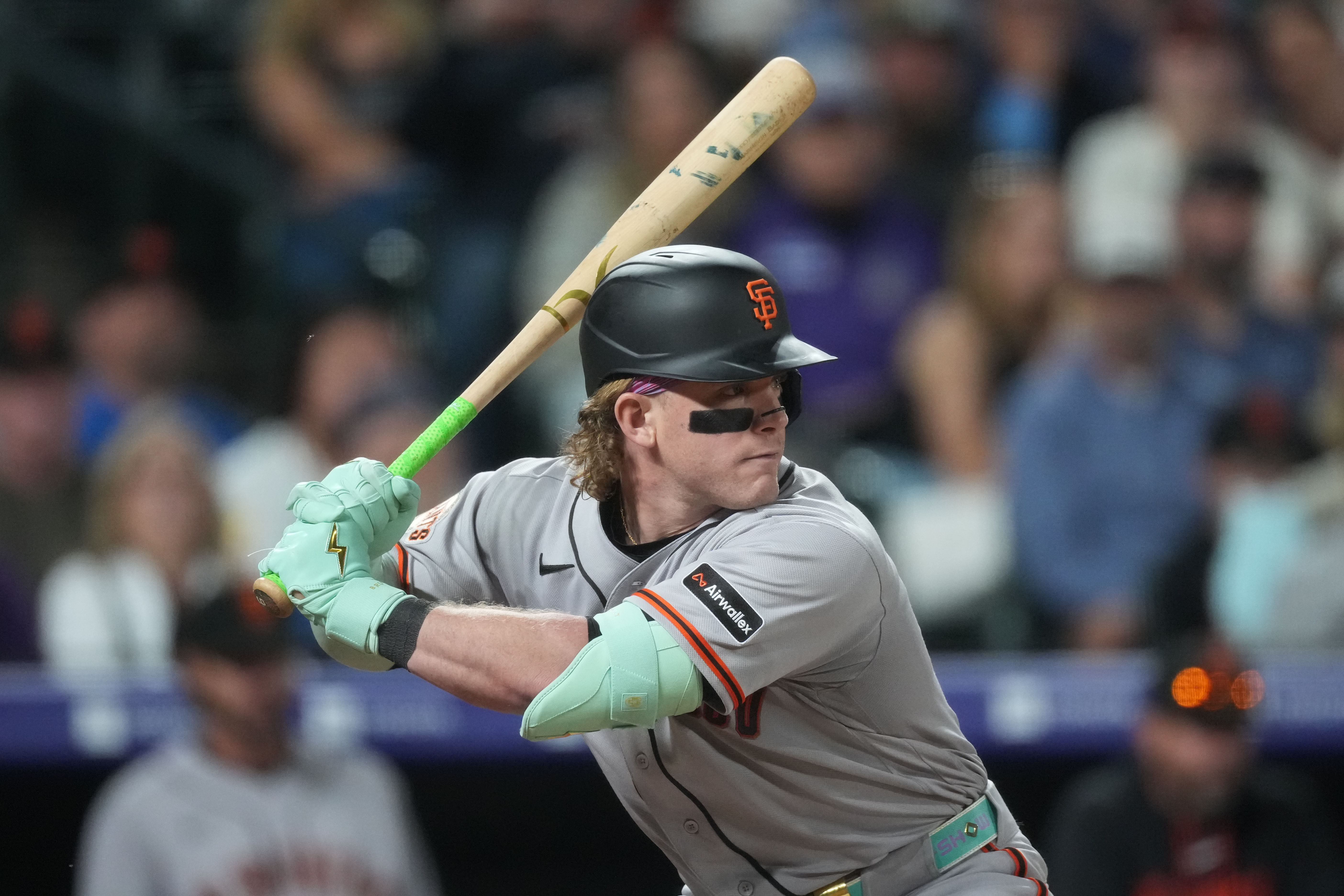 FILE - San Francisco Giants center fielder Harrison Bader (9) bats during the eighth inning of a baseball game May 29, 2026, in Denver. 