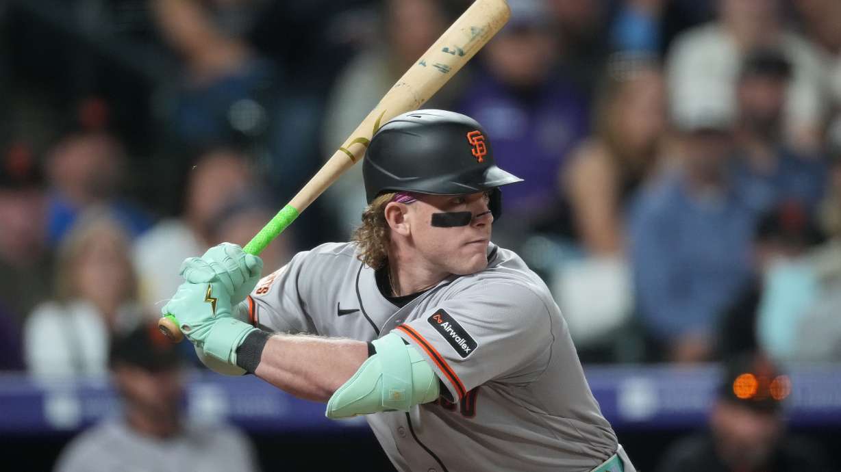 FILE - San Francisco Giants center fielder Harrison Bader (9) bats during the eighth inning of a baseball game May 29, 2026, in Denver.