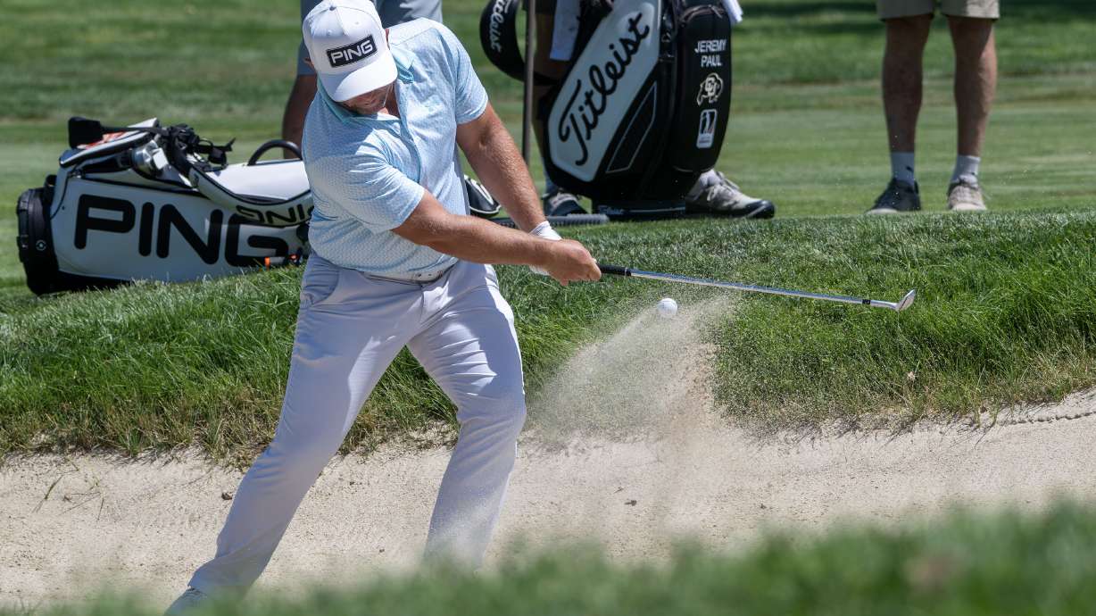Daniel Summerhays hits out of a sand trap as he competes in the second round of the Utah Championship at the Ogden Golf & Country Club on Friday, July 31, 2026.