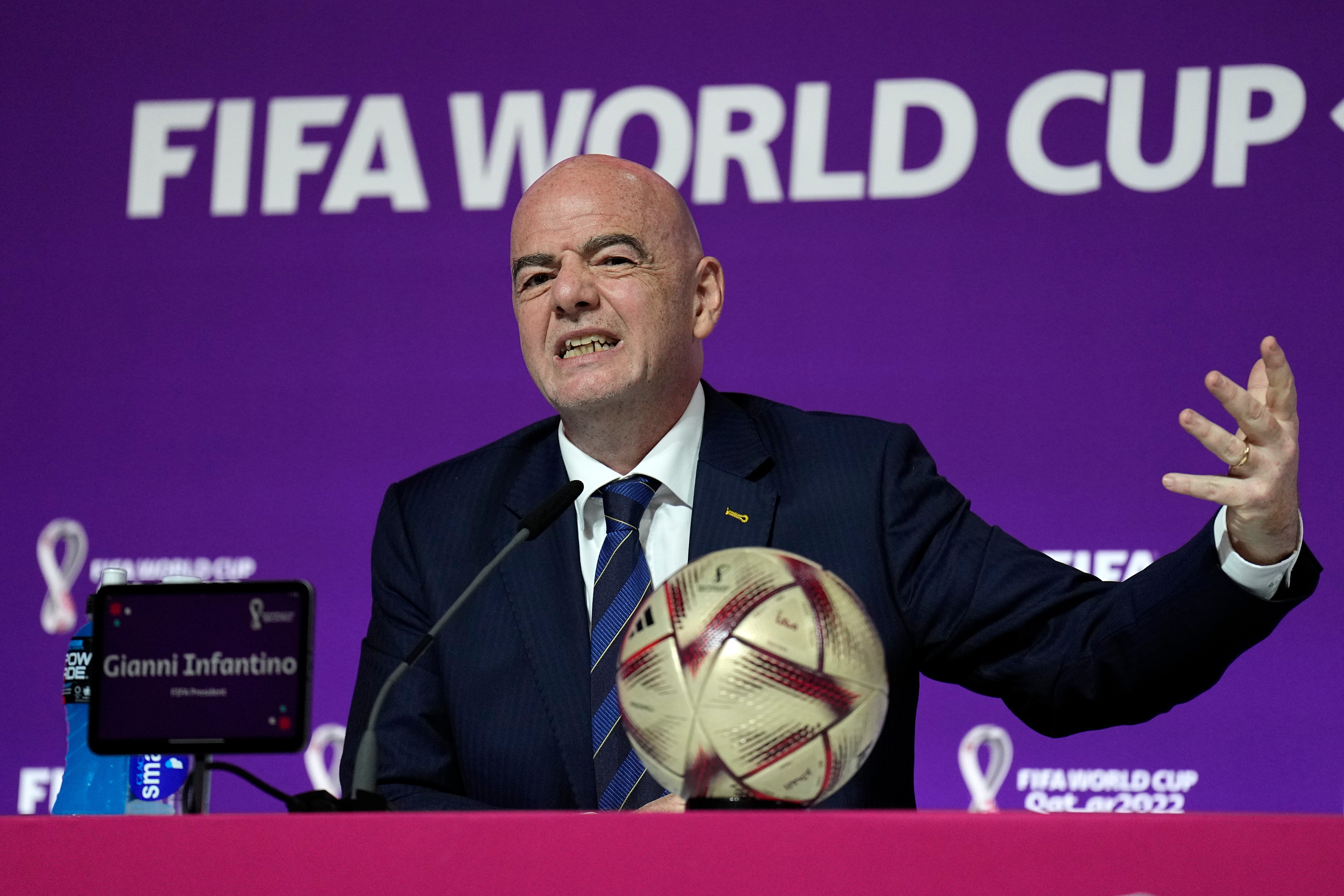 FILE - FIFA President Gianni Infantino gestures as he meets the media at the FIFA World Cup closing press conference in Doha, Qatar, Friday, Dec. 16, 2022. 