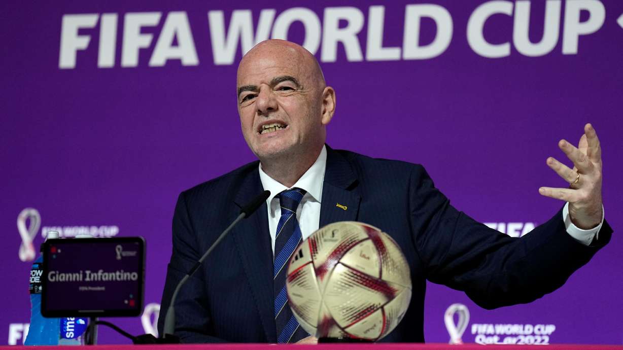 FILE - FIFA President Gianni Infantino gestures as he meets the media at the FIFA World Cup closing press conference in Doha, Qatar, Friday, Dec. 16, 2022.