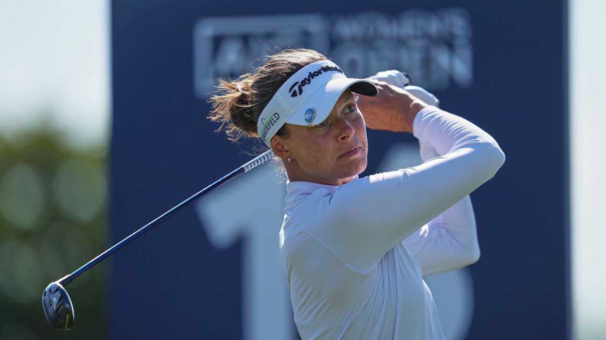 Esther Henseleit, of Germany, drives off the 16th tee during the third round of the Women's British Open golf championship in Lytham St Annes, England, Saturday, Aug. 1, 2026.