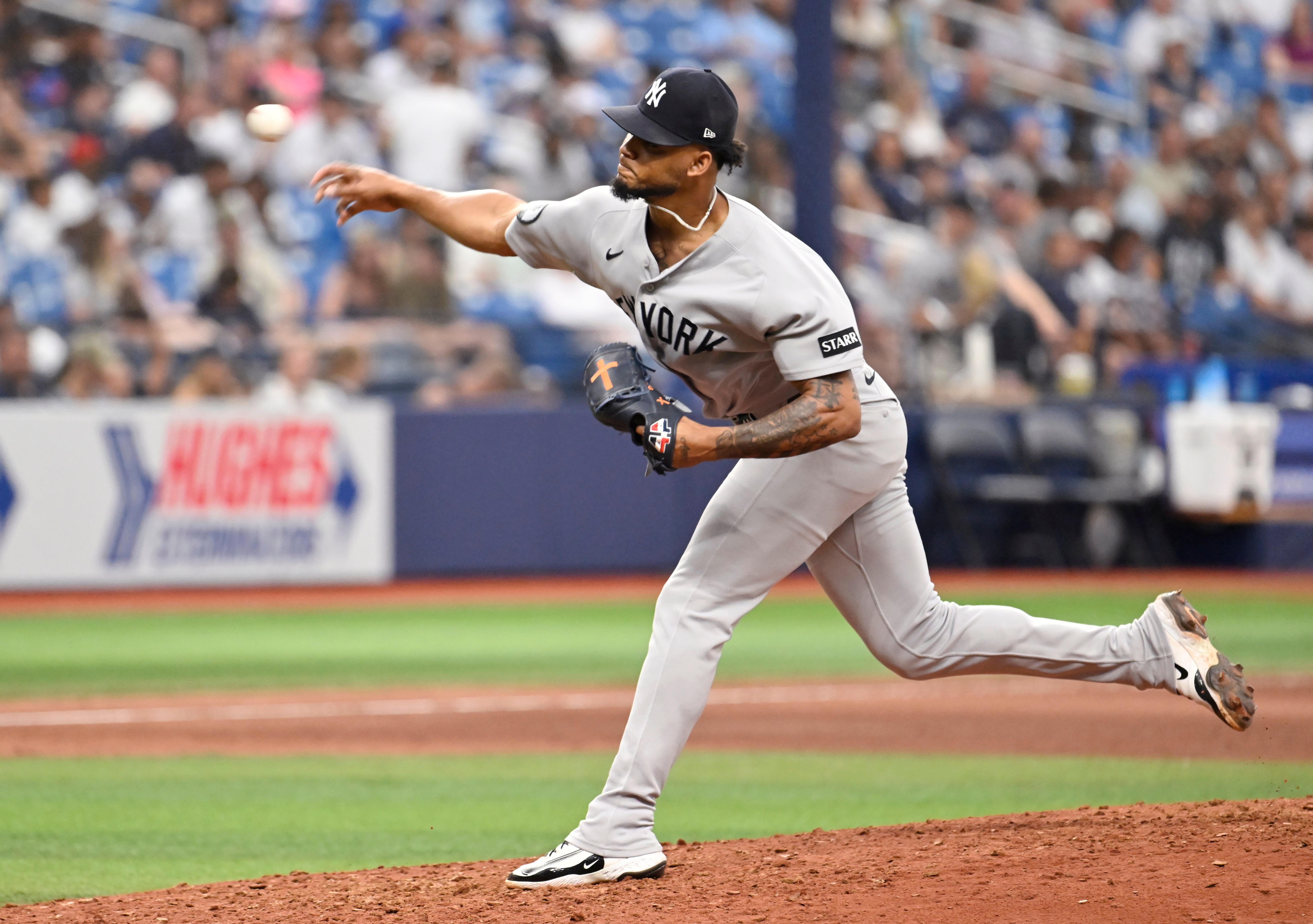 New York Yankees pitcher Camilo Doval throws during the fifth inning of a baseball game against the Tampa Bay Rays Thursday, July 9, 2026, in St. Petersburg, Fla. 