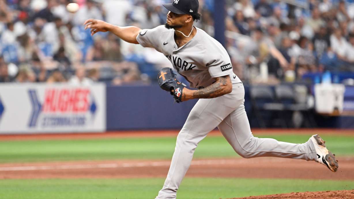 New York Yankees pitcher Camilo Doval throws during the fifth inning of a baseball game against the Tampa Bay Rays Thursday, July 9, 2026, in St. Petersburg, Fla.