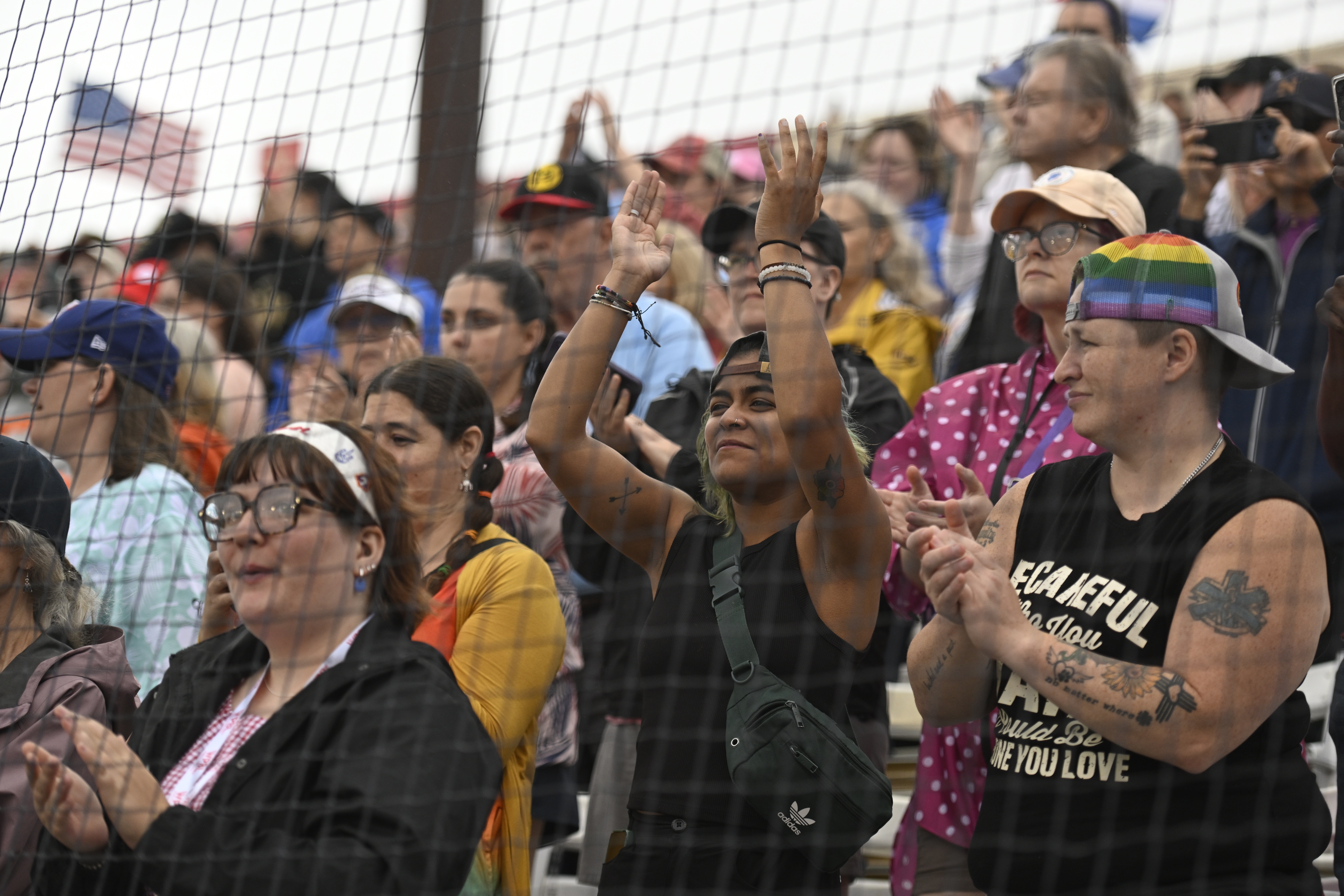 Fans cheer before the inaugural Women's Professional Baseball League game between the Los Angeles Queens and the New York Heights, Saturday, Aug. 1, 2026, in Springfield, Ill. 