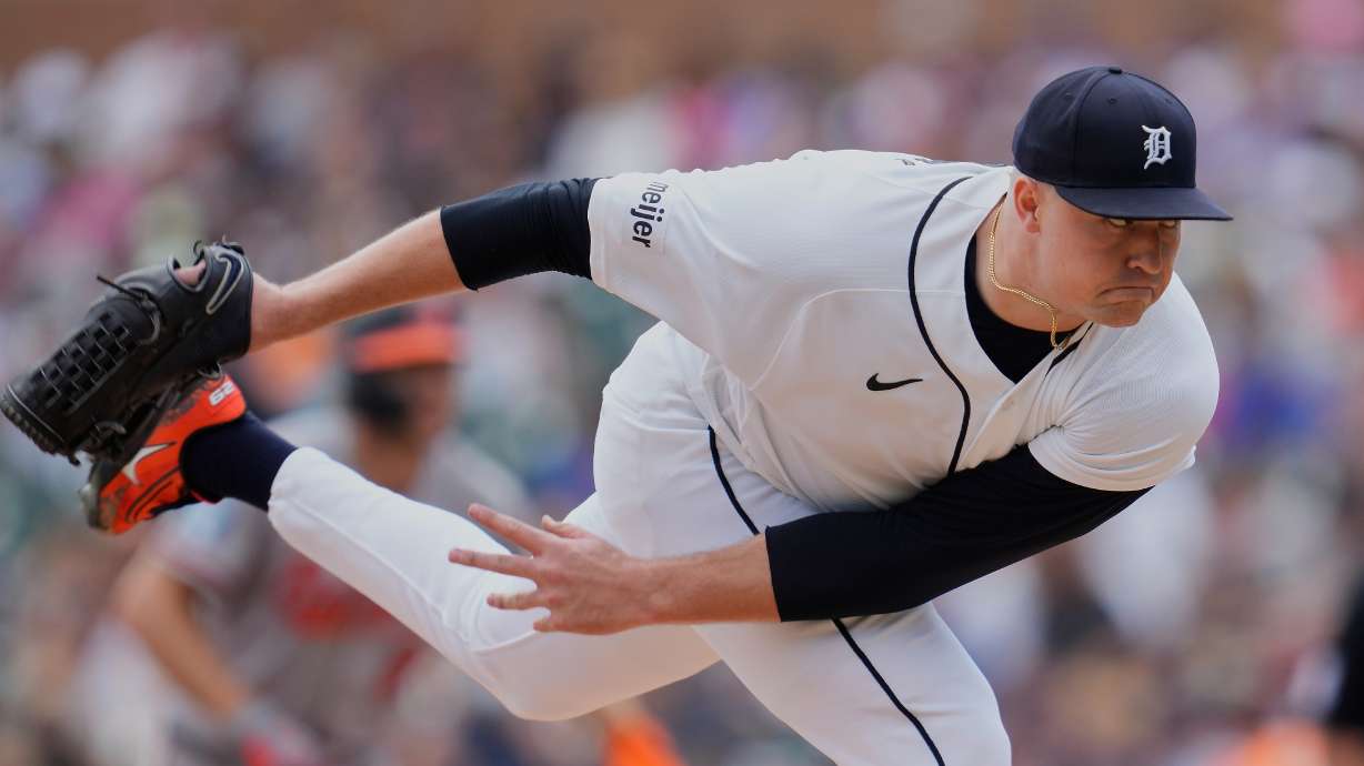 Detroit Tigers pitcher Tarik Skubal throws during the seventh inning of a baseball game against the Baltimore Orioles Wednesday, July 29, 2026, in Detroit.