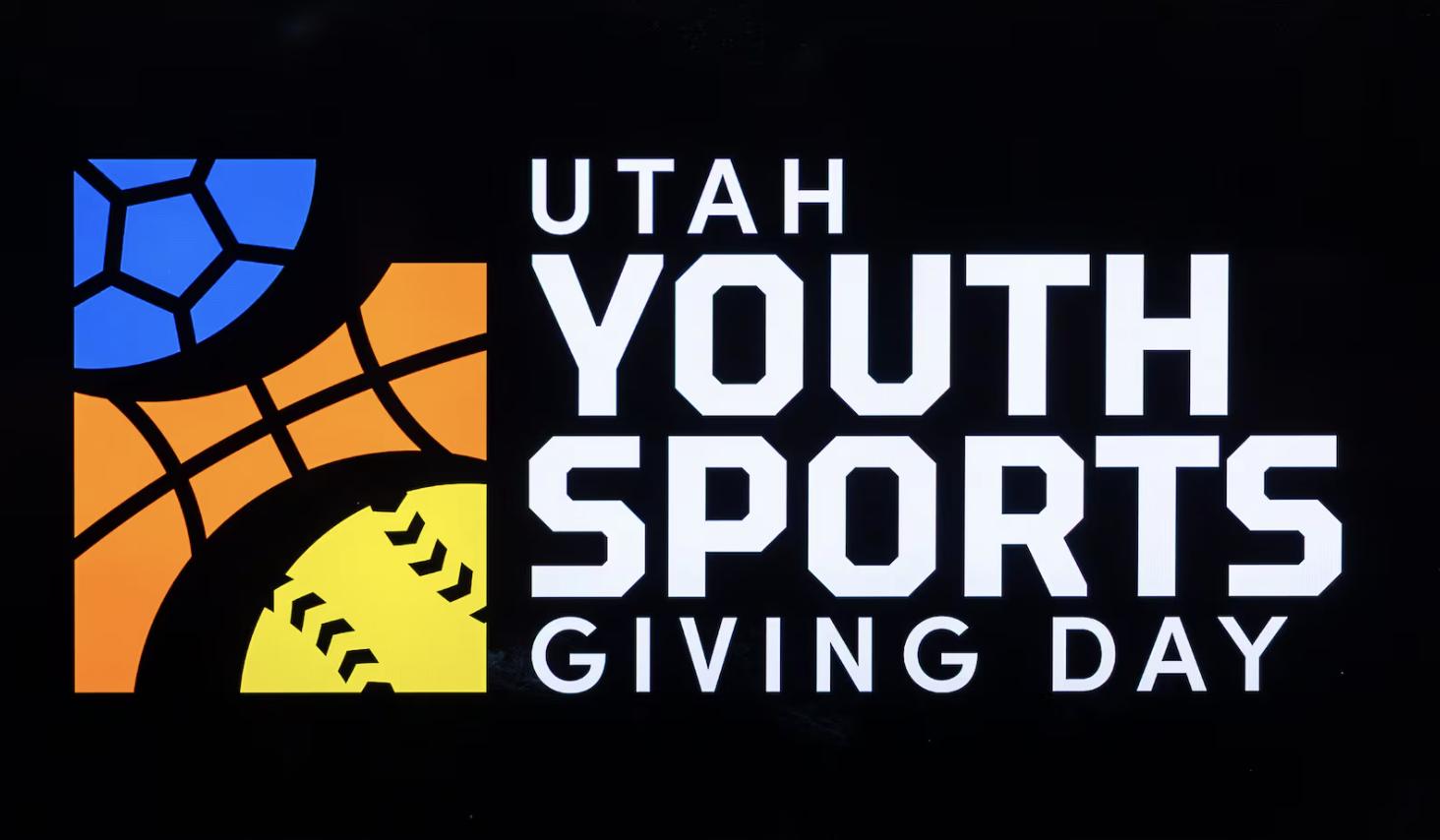 The Utah Youth Sports Giving Day logo is displayed during a kick-off event for the initiative held at The Ballpark at America First Square in South Jordan on June 5.