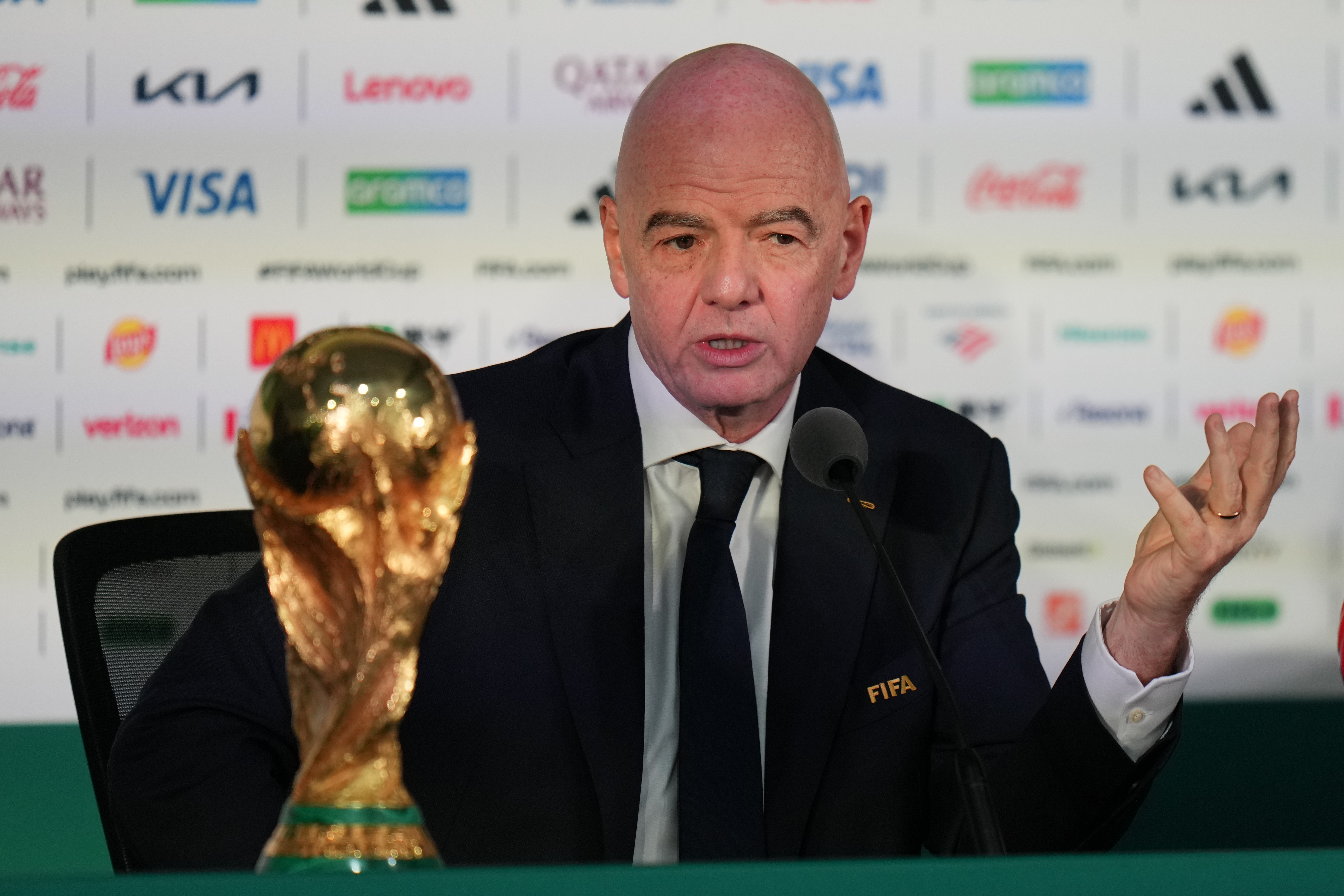 FILE - FIFA President Gianni Infantino speaks during a news conference at the stadium in Mexico City, Wednesday, June 10, 2026, a day before the opening FIFA World Cup match between Mexico and South Africa. 