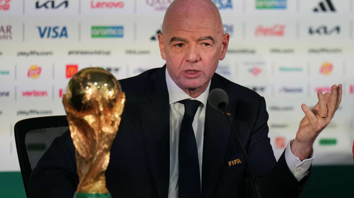 FILE - FIFA President Gianni Infantino speaks during a news conference at the stadium in Mexico City, Wednesday, June 10, 2026, a day before the opening FIFA World Cup match between Mexico and South Africa.