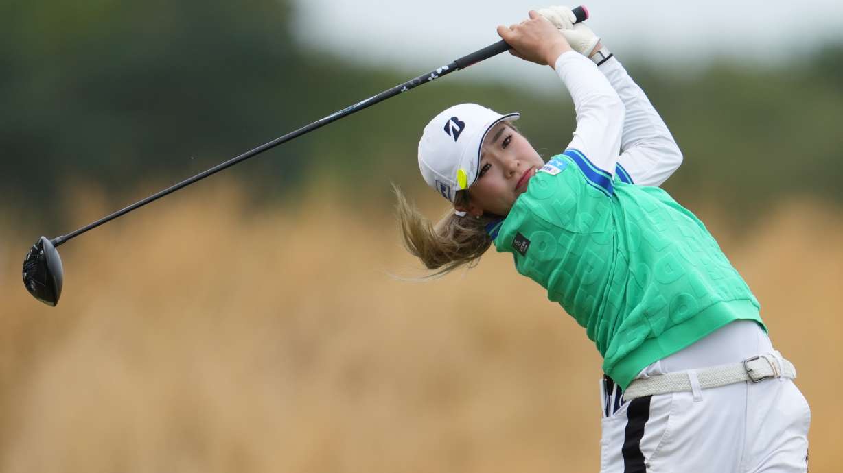 Shiho Kuwaki, of Japan, drives off the 3rd tee during the fourth round of the Women's British Open golf championship in Lytham St Annes, England, Sunday, Aug. 2, 2026.