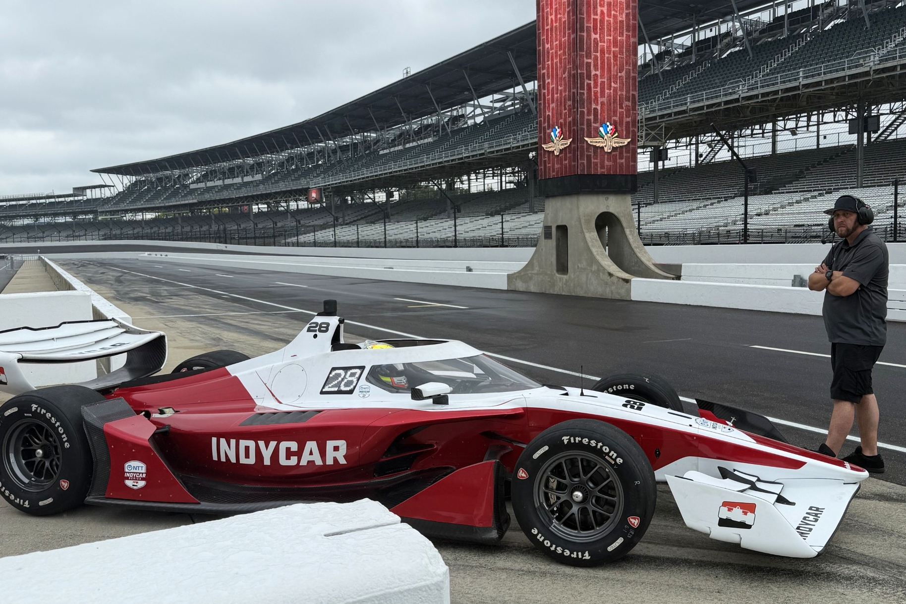 Reigning IndyCar champion Alex Palou drives into the pit lane to test a new IndyCar model, Sunday, Aug. 2, 2026, at Indianapolis Motor Speedway in Indianapolis. 