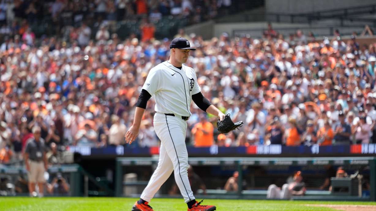 Detroit Tigers pitcher Tarik Skubal walks to the dugout during the seventh inning of a baseball game against the Baltimore Orioles Wednesday, July 29, 2026, in Detroit.