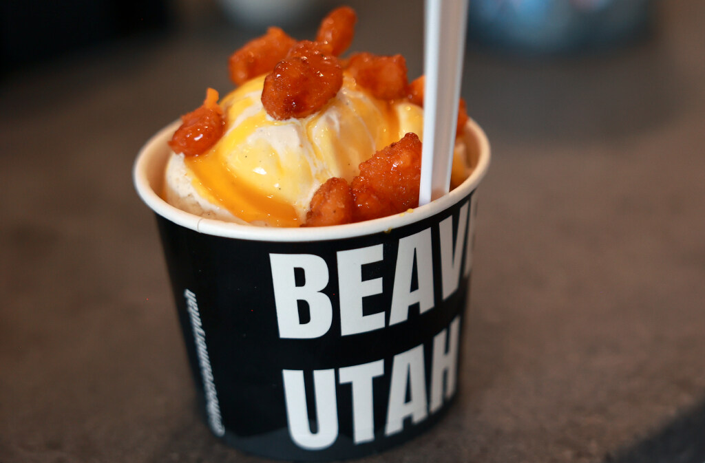 The Hot Heffer is pictured at The Creamery in Beaver on Thursday, July 9, 2026. It is vanilla ice cream with deep fried fiery cheese curds and a mango puree sauce.