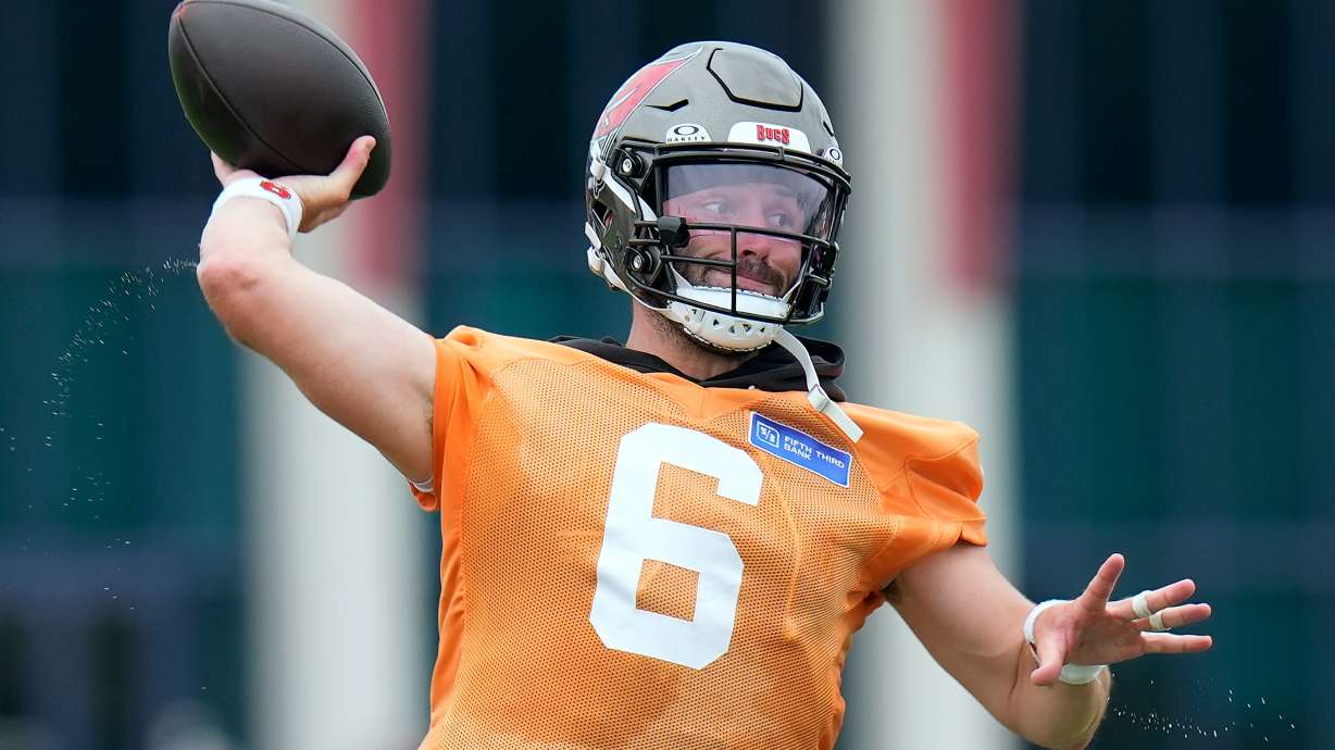 Tampa Bay Buccaneers quarterback Baker Mayfield throws a pass during an NFL football training camp practice Thursday, July 30, 2026, in Tampa, Fla.