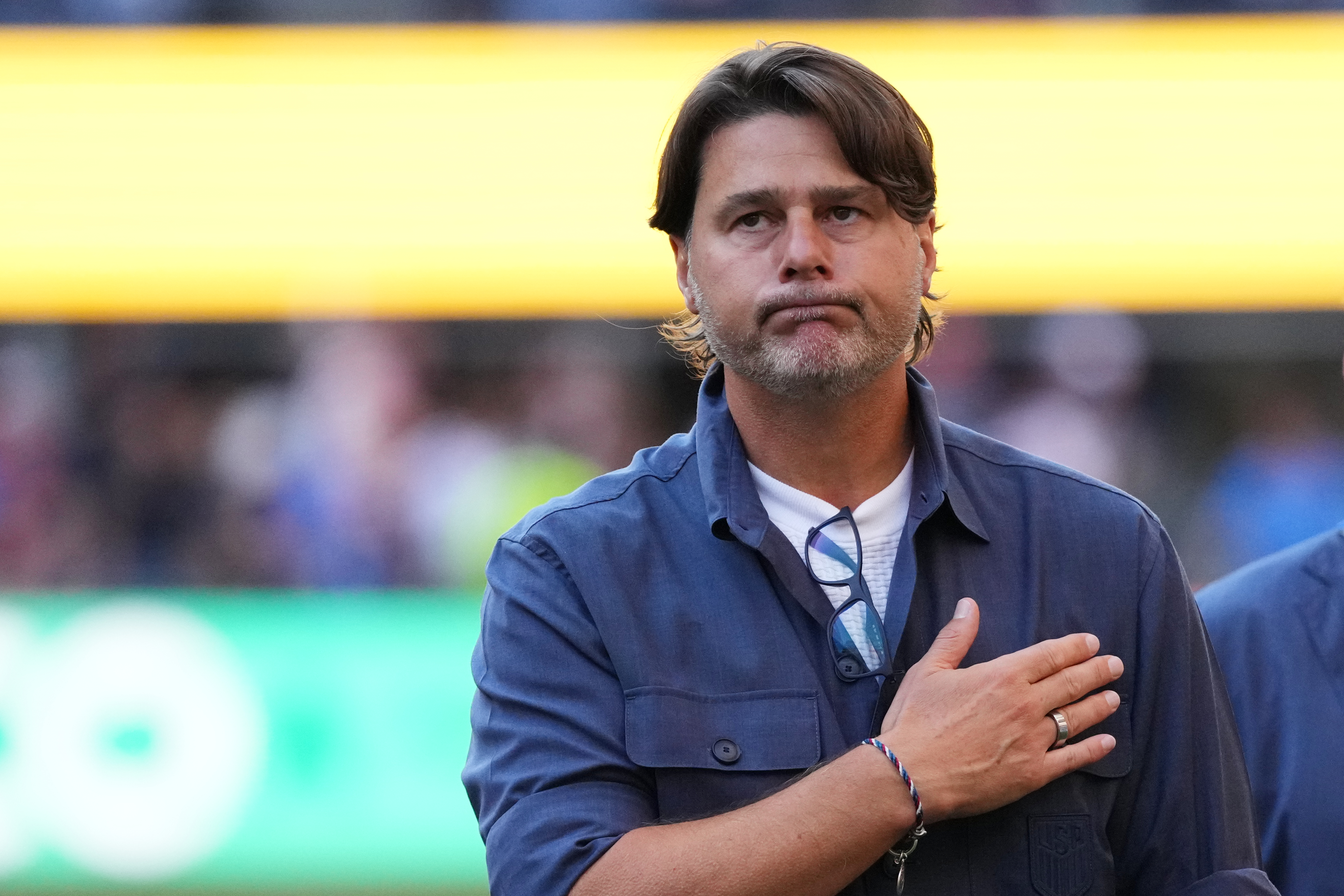 United States head coach Mauricio Pochettino acknowledges supporters after the World Cup round of 16 soccer match between the United States and Belgium in Seattle, Monday, July 6, 2026. 